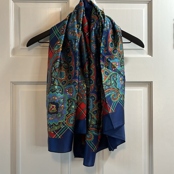 Vintage 90s Satin Silk Blend w/ Paisley & Plaid Print Bandana Scarf - Picture 2 of 5